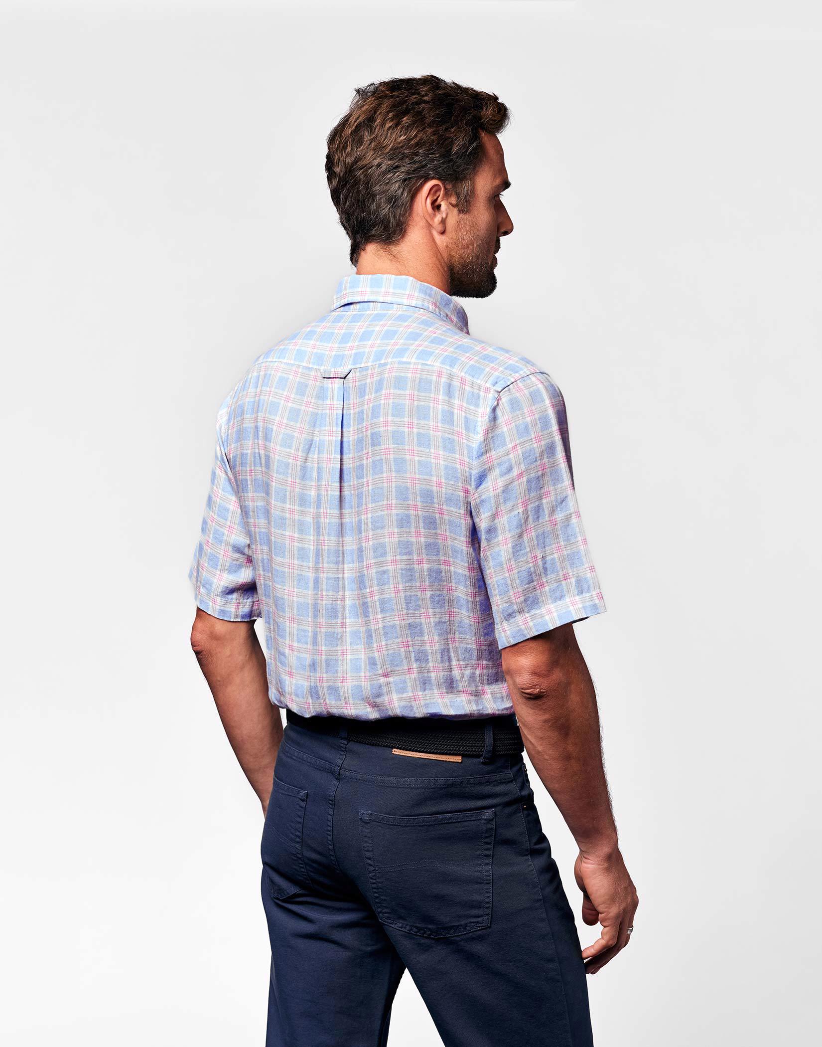 Linen Shirt Short Sleeve - Blue/Pink Check