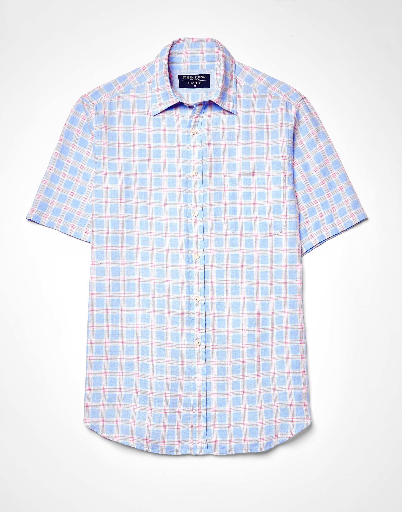 Linen Shirt Short Sleeve - Blue/Pink Check