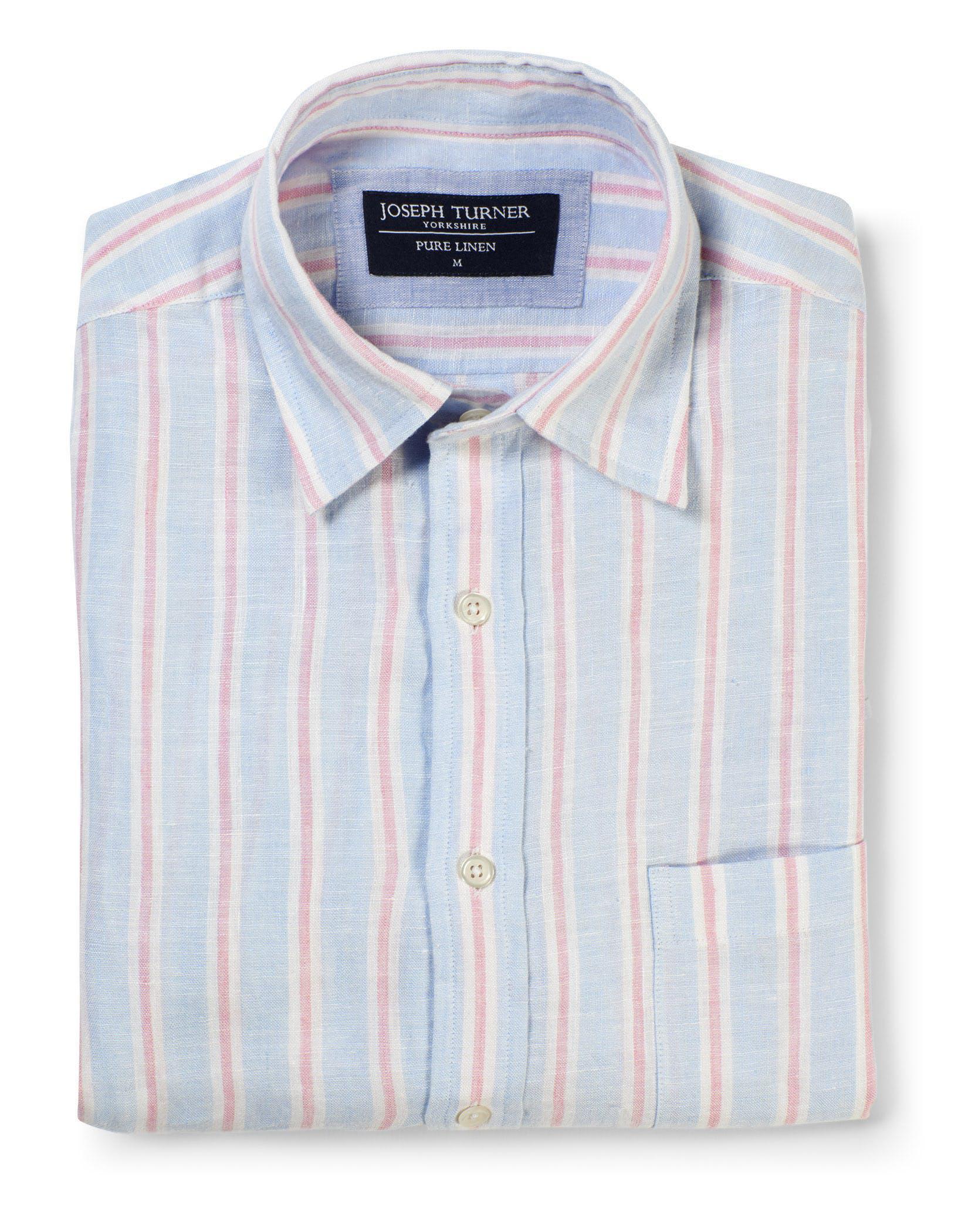 Linen Shirt Short Sleeve - Blue/Pink Stripe