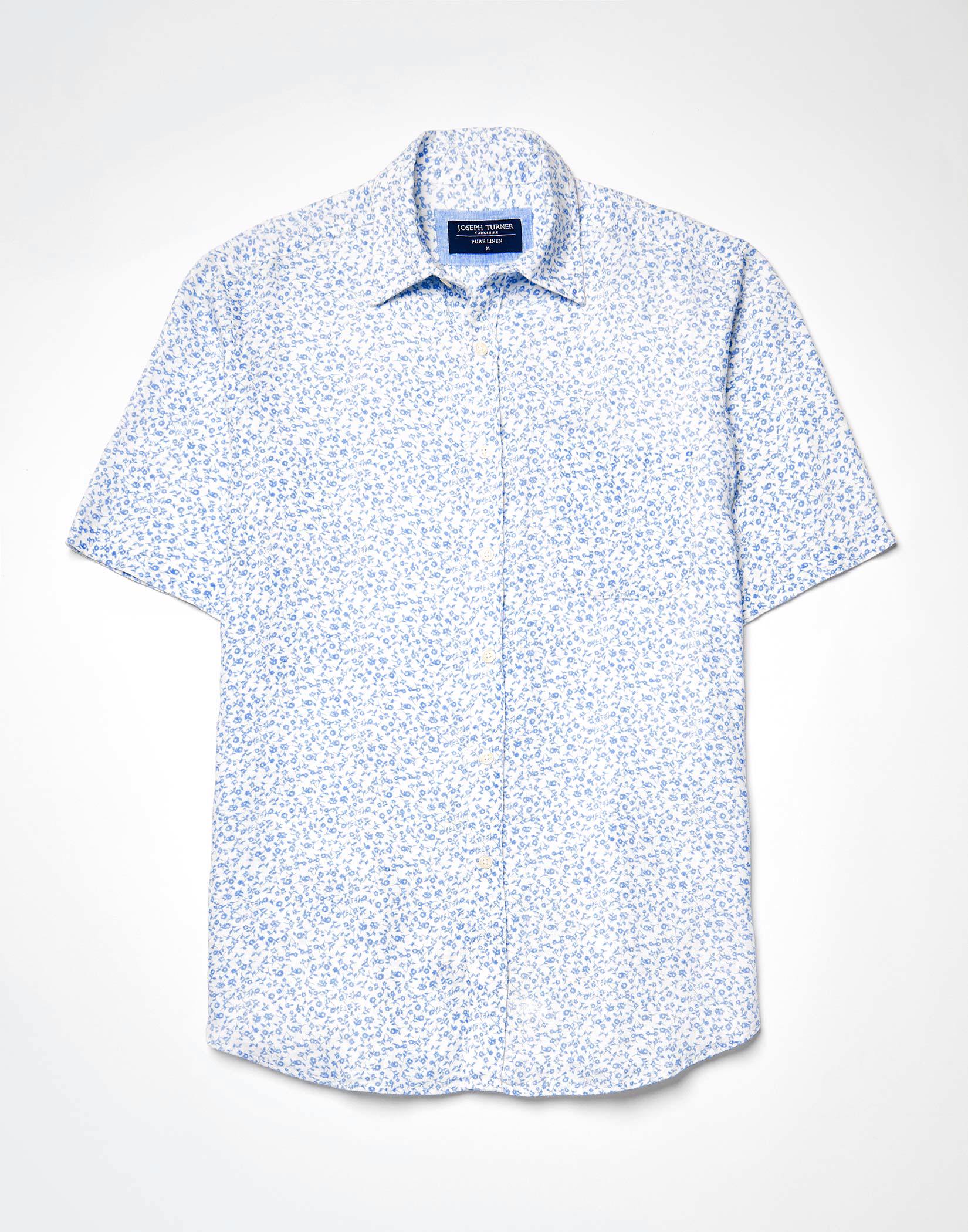 Linen Shirt Short Sleeve - Blue/White Floral