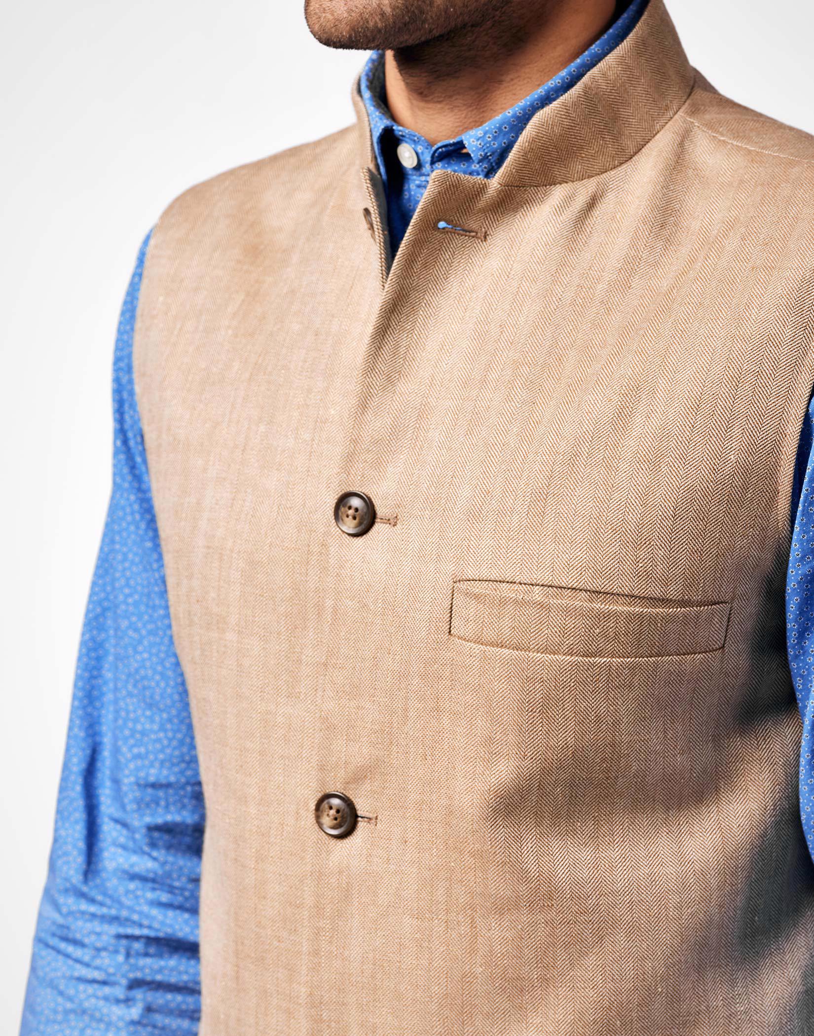 Nehru Wool/Linen Waistcoat - Light Brown Herringbone