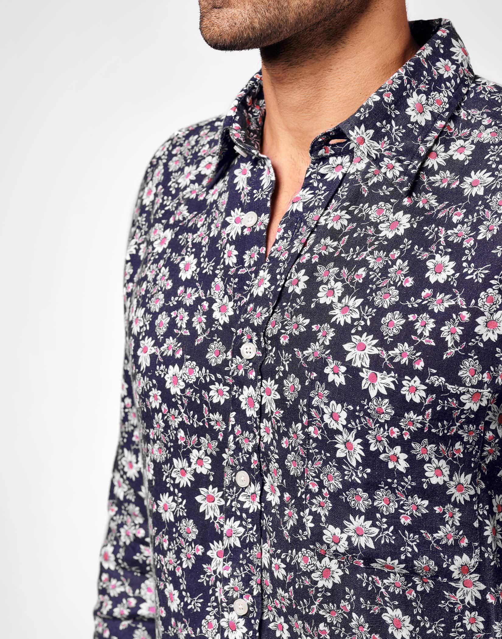 Linen Shirt Long Sleeve - Navy/Pink Floral
