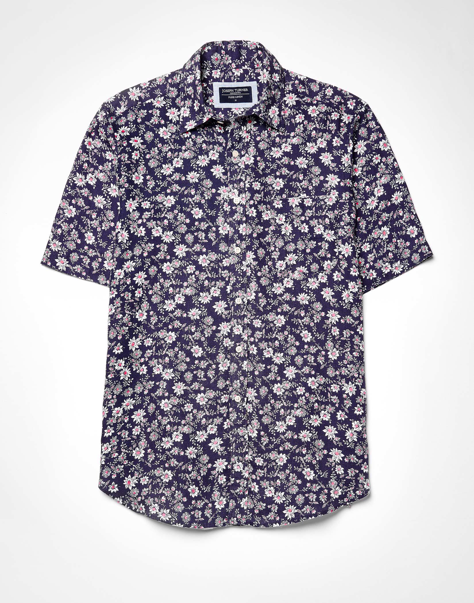 Linen Shirt Short Sleeve - Navy/Pink Floral