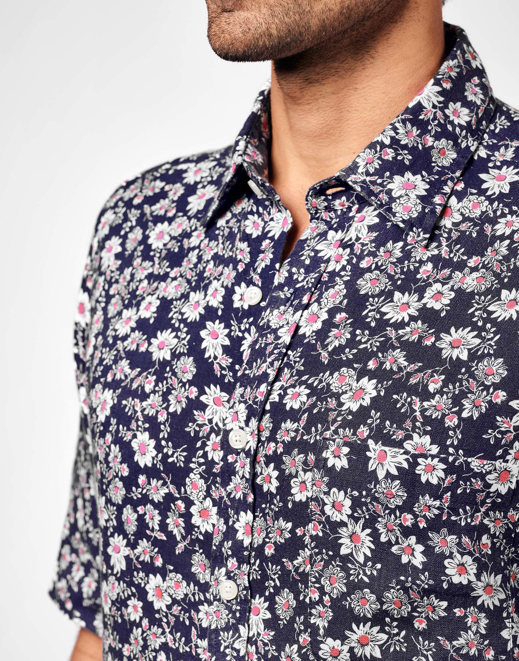 Linen Shirt Short Sleeve - Navy/Pink Floral
