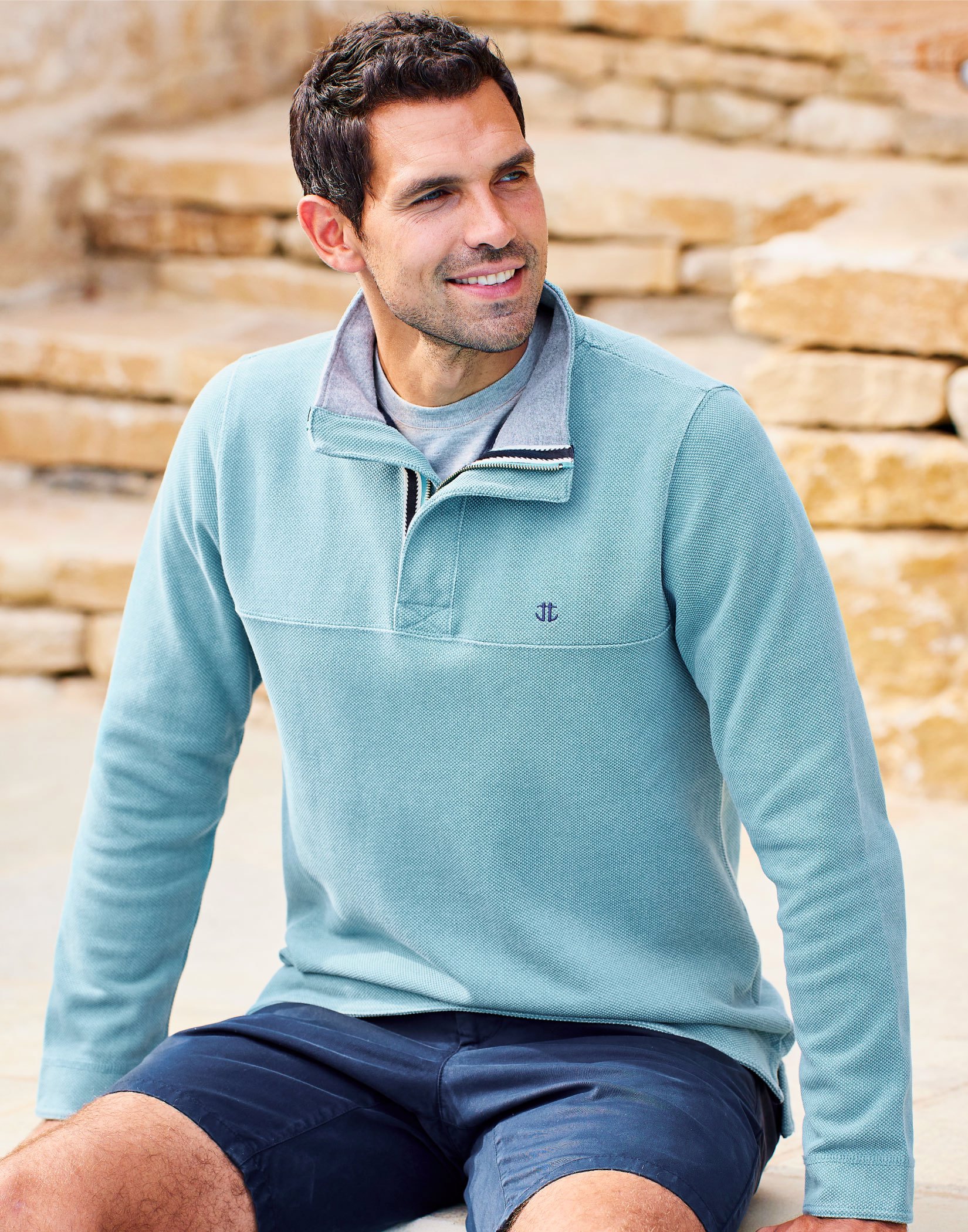 Washed Pique Half Zip Sweatshirt - Ocean