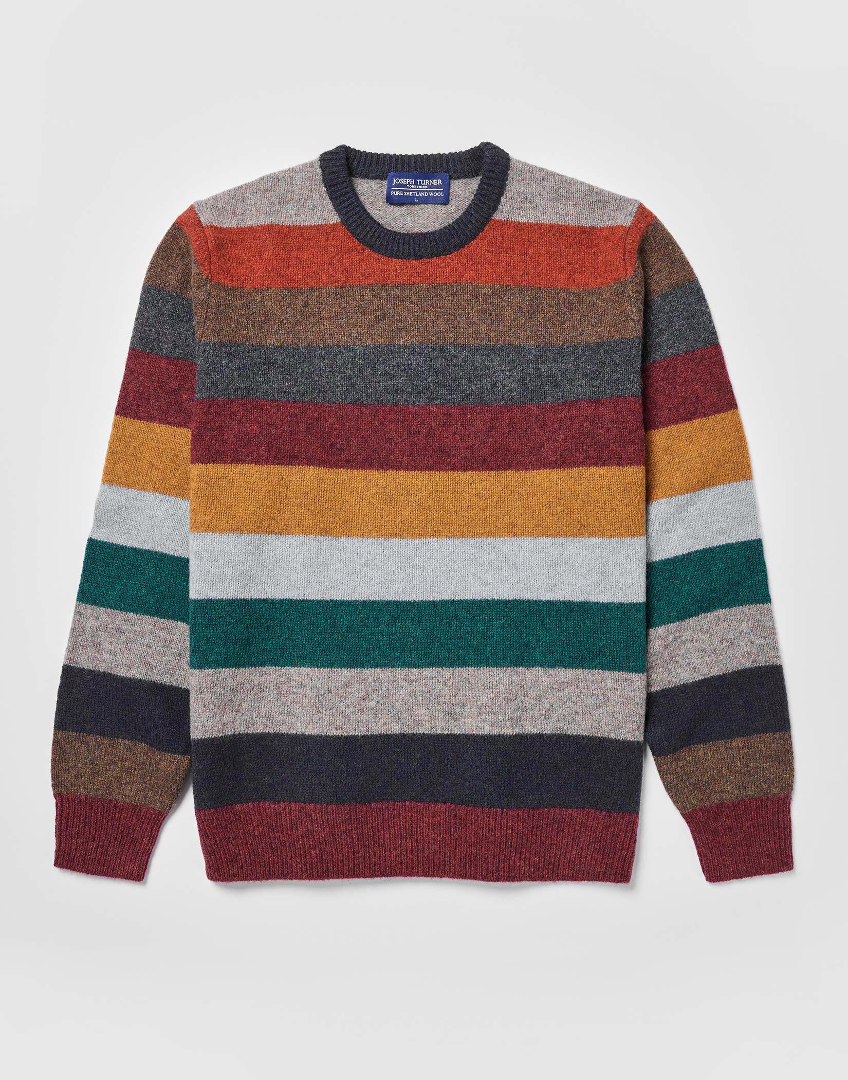 Shetland Striped Crew Neck Jumper - Orange/Green