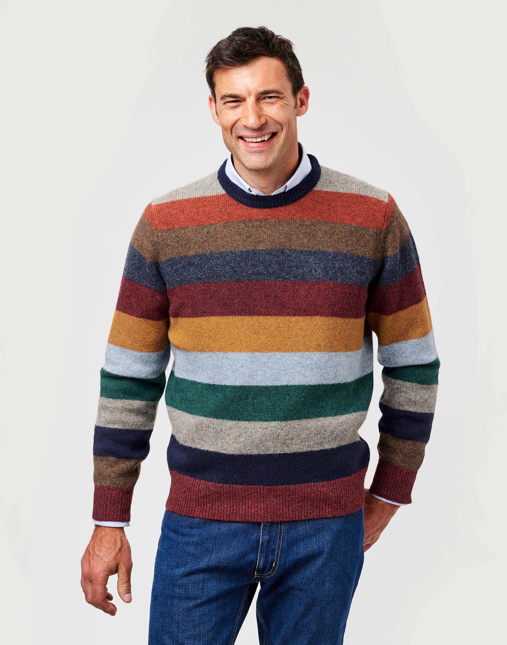 Shetland Striped Crew Neck Jumper - Orange/Green