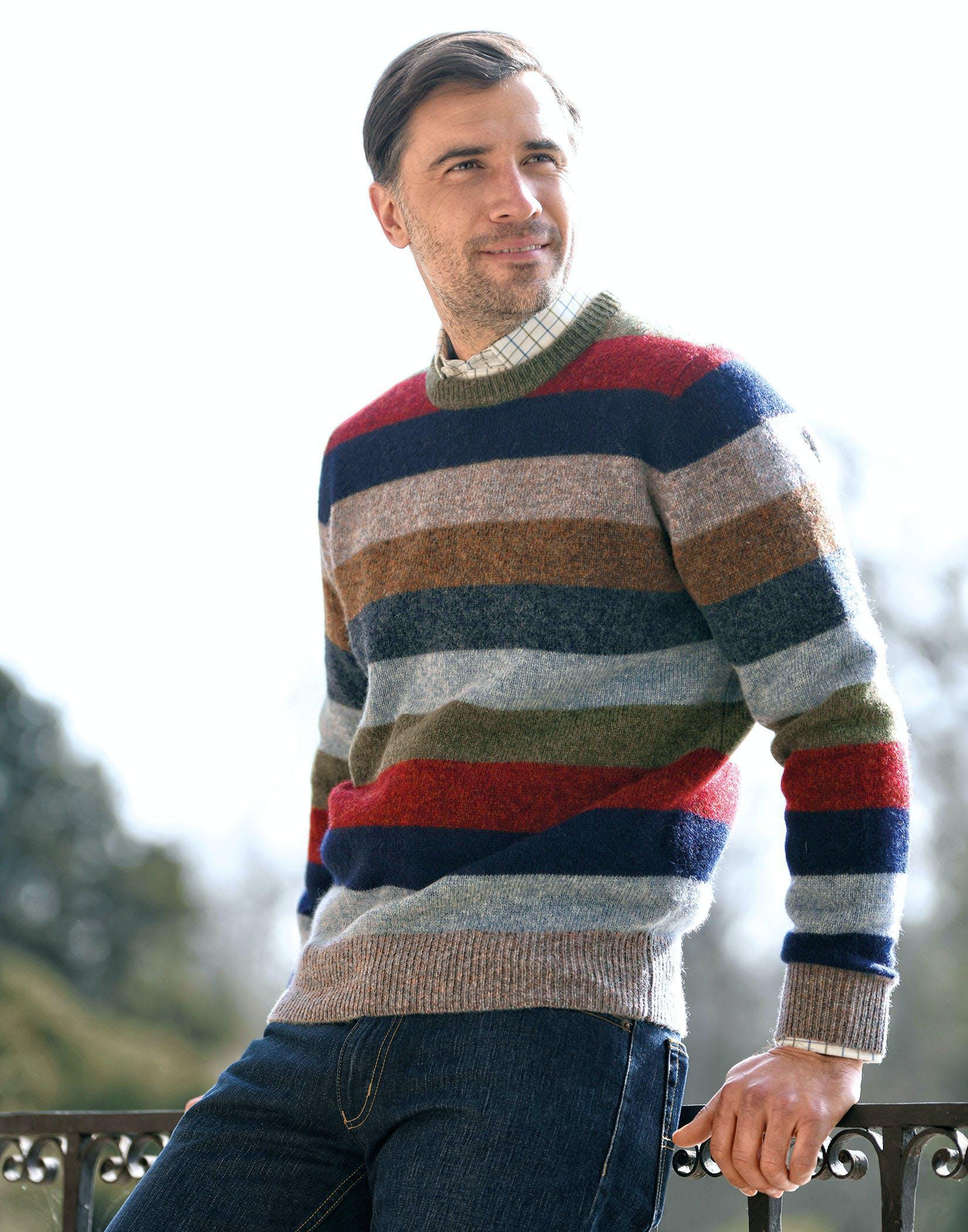 Shetland Striped Crew Neck Jumper - Orange/Green