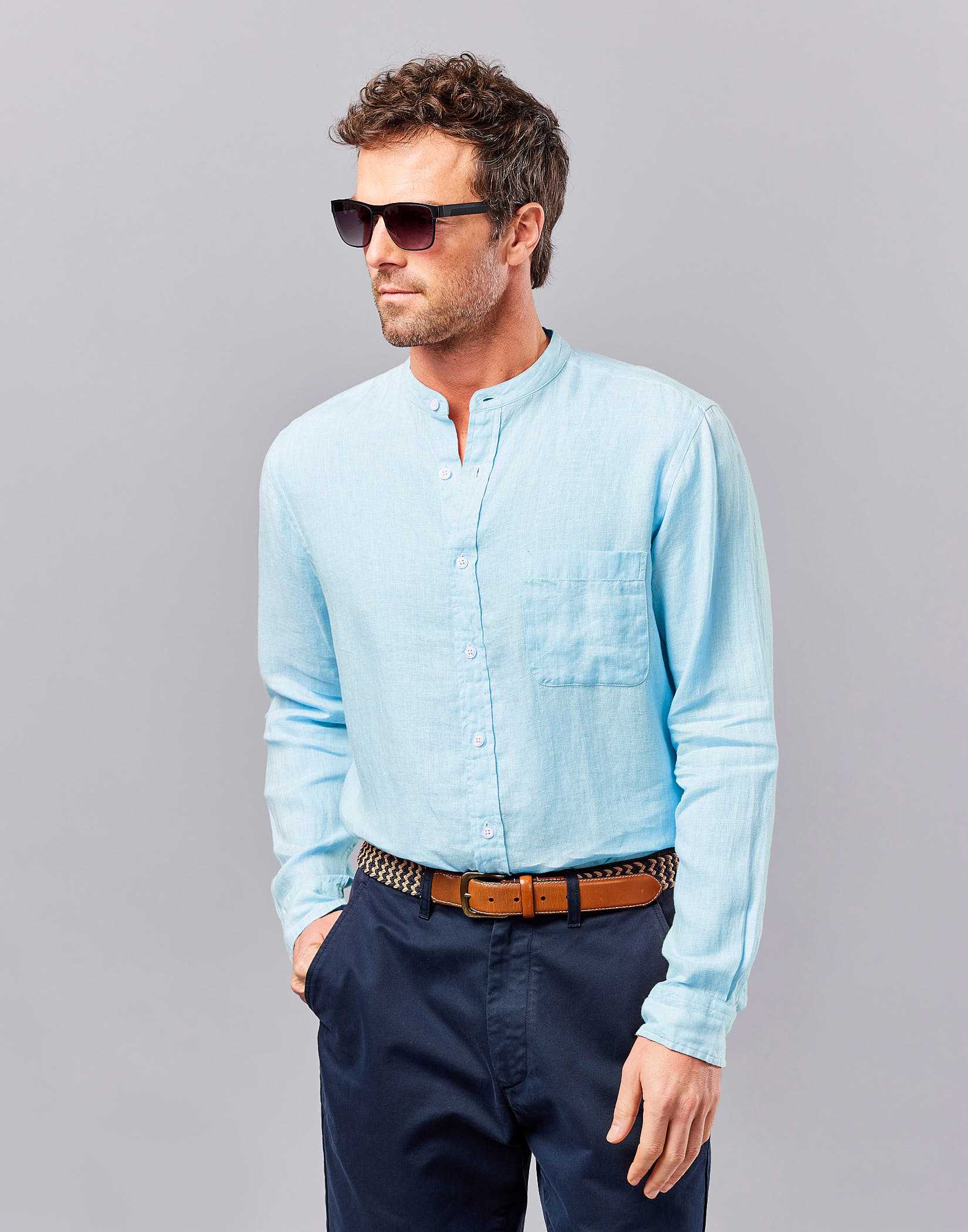Mens Collarless Linen Shirt: FRENCH BLUE | lupon.gov.ph