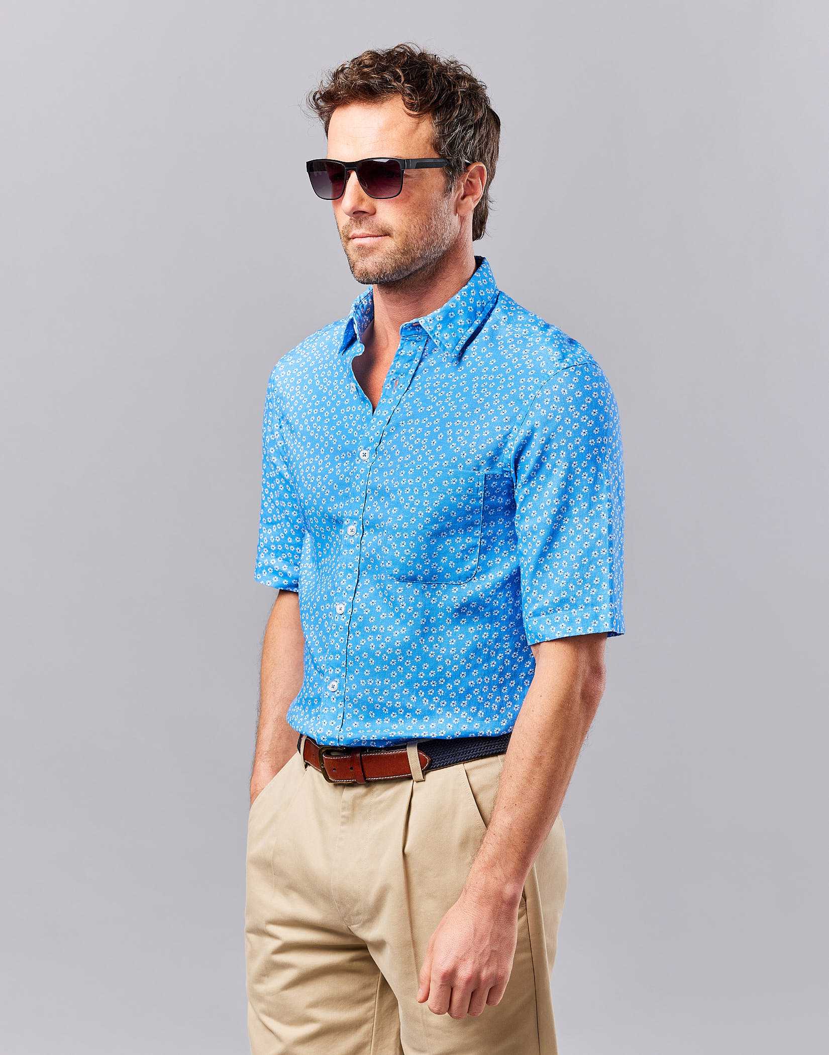 Linen Shirt Short Sleeve - Blue Floral