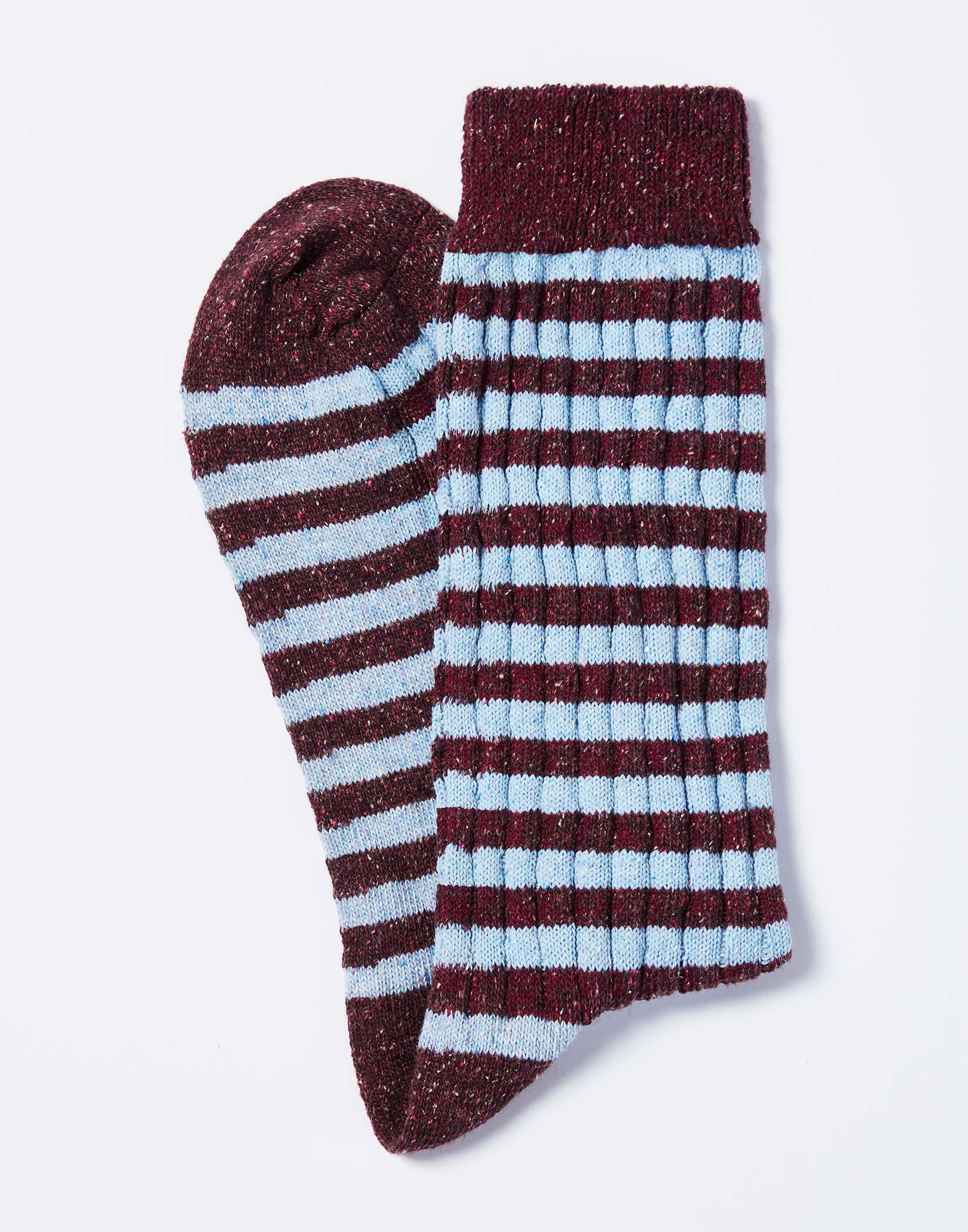 Striped Wool Socks - Burgundy/Sky