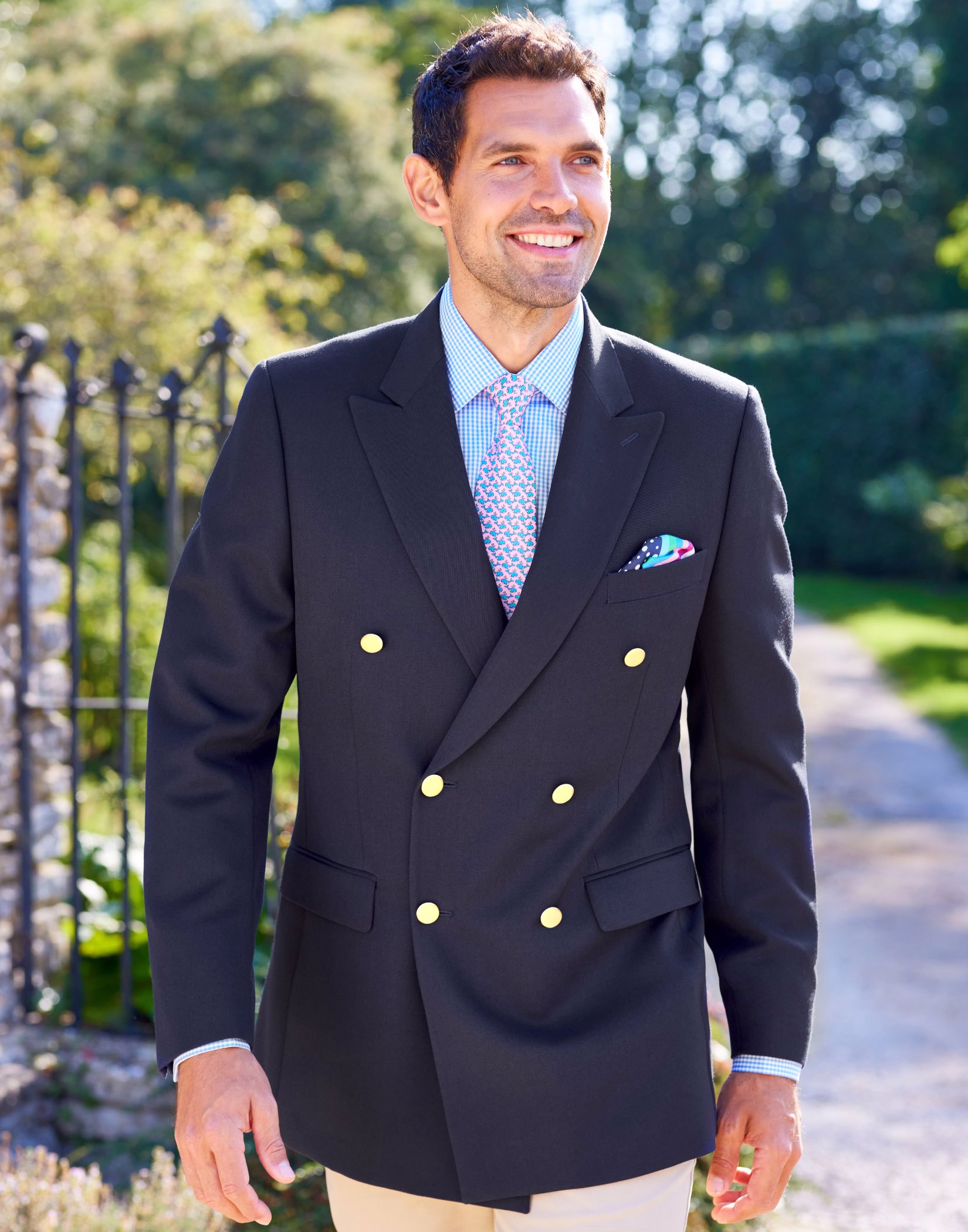 Men's double-breasted coat in blue wool with gold buttons