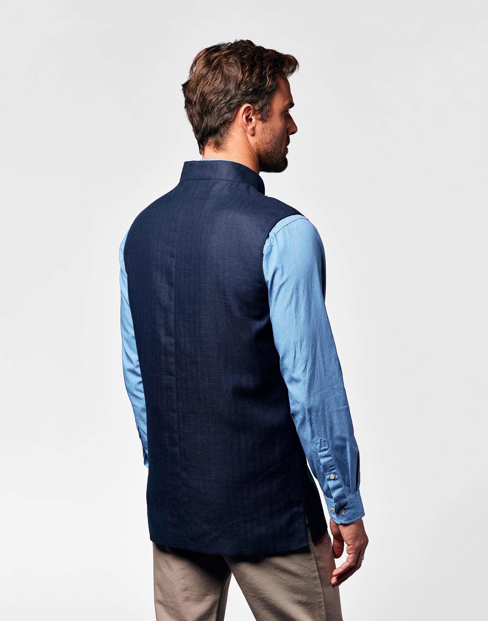 Nehru Wool/Linen Gilet - Navy Herringbone