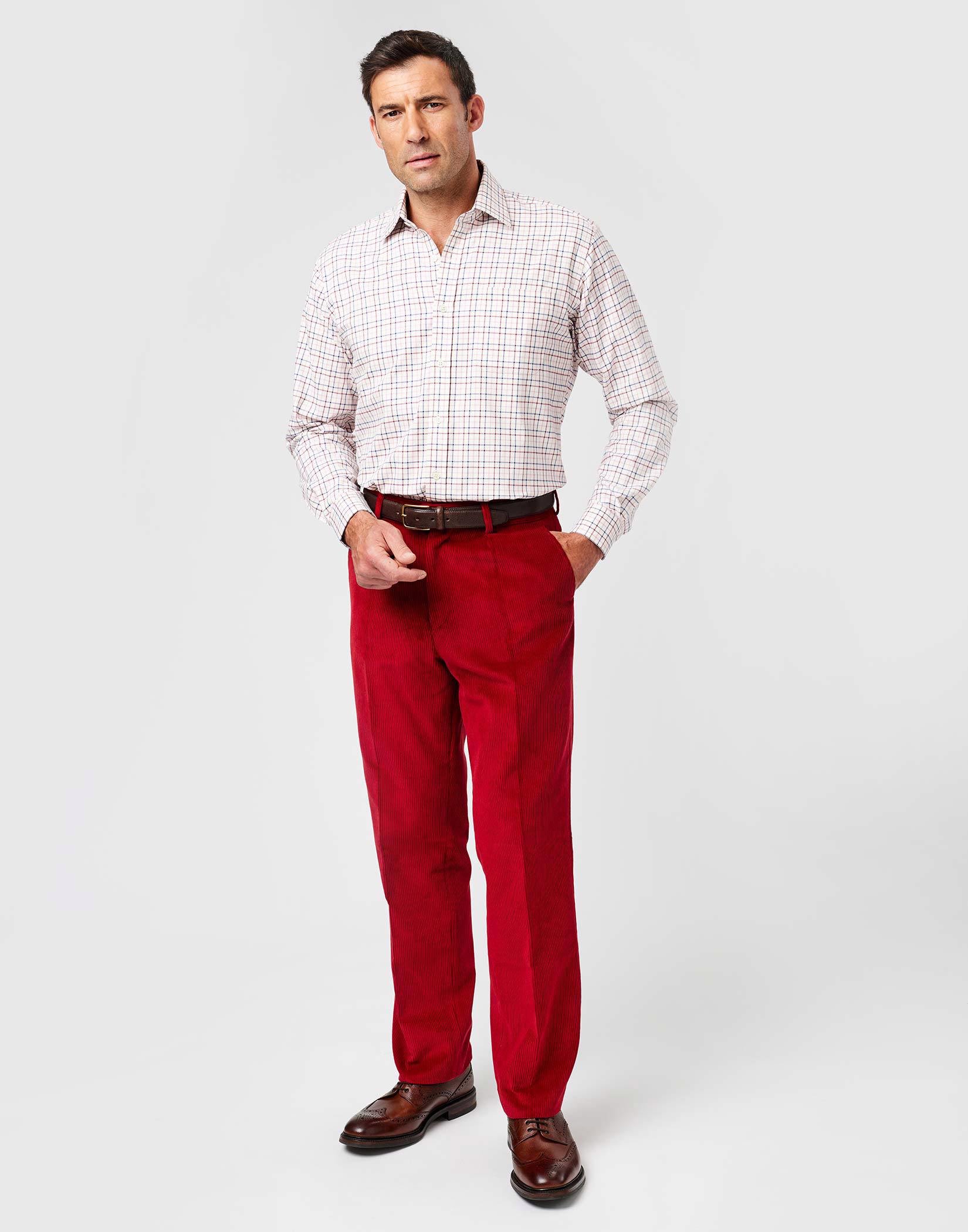 Red corduroy trousers with baseball jersey tshirt  sandals