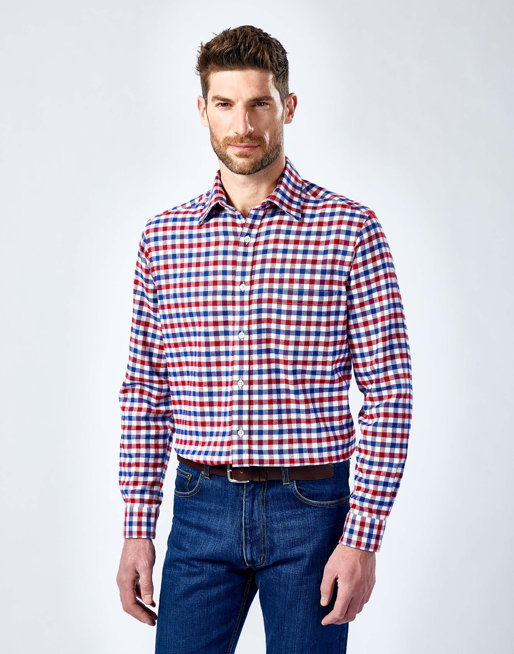 Brushed Cotton Check Shirt - Red/White/Blue
