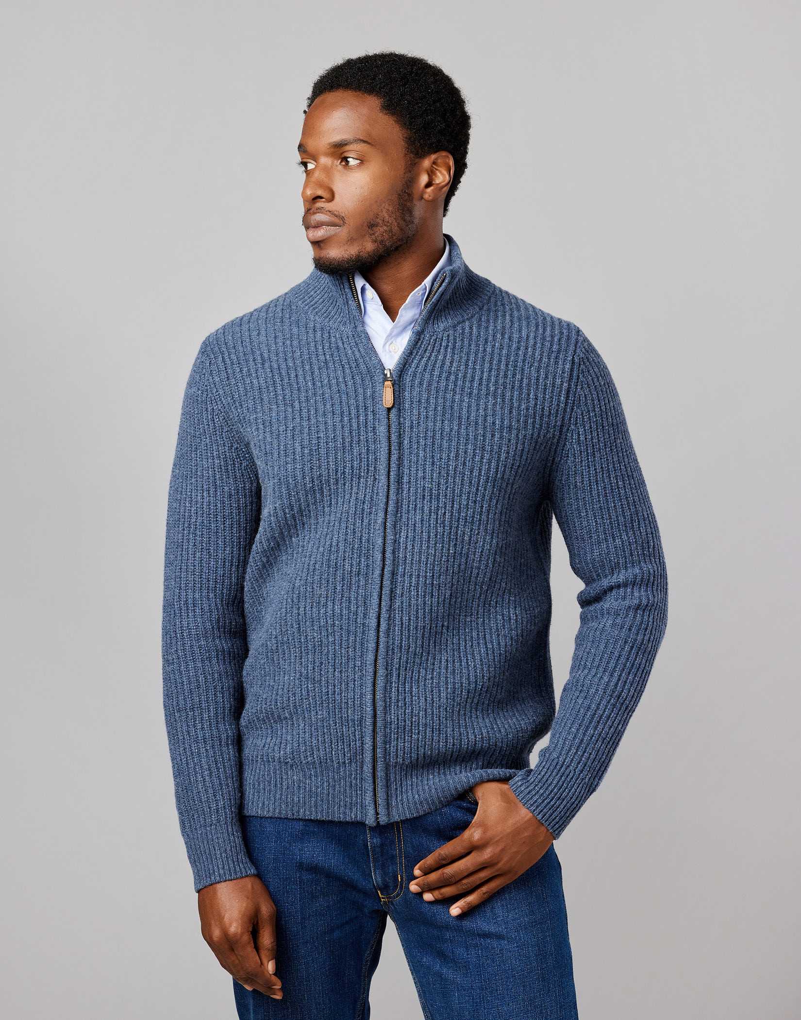 Lambswool Whitby Zip Cardigan - Blue