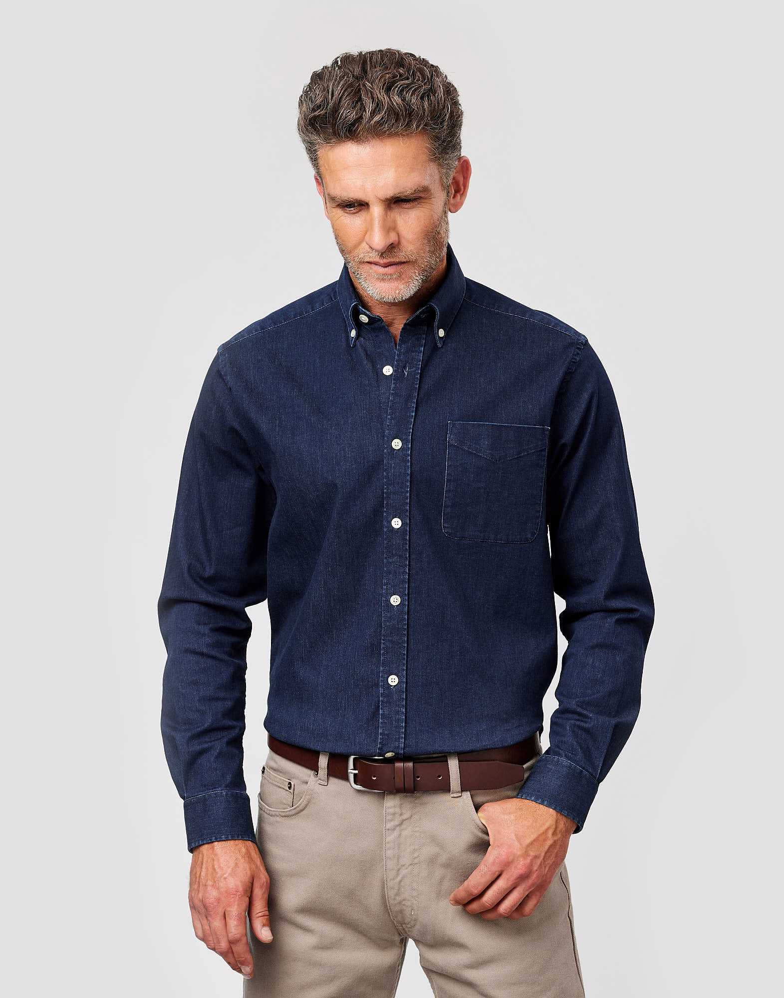 Men's Denim Shirt Solid Color Thick Long Sleeve Button Shirt - Temu