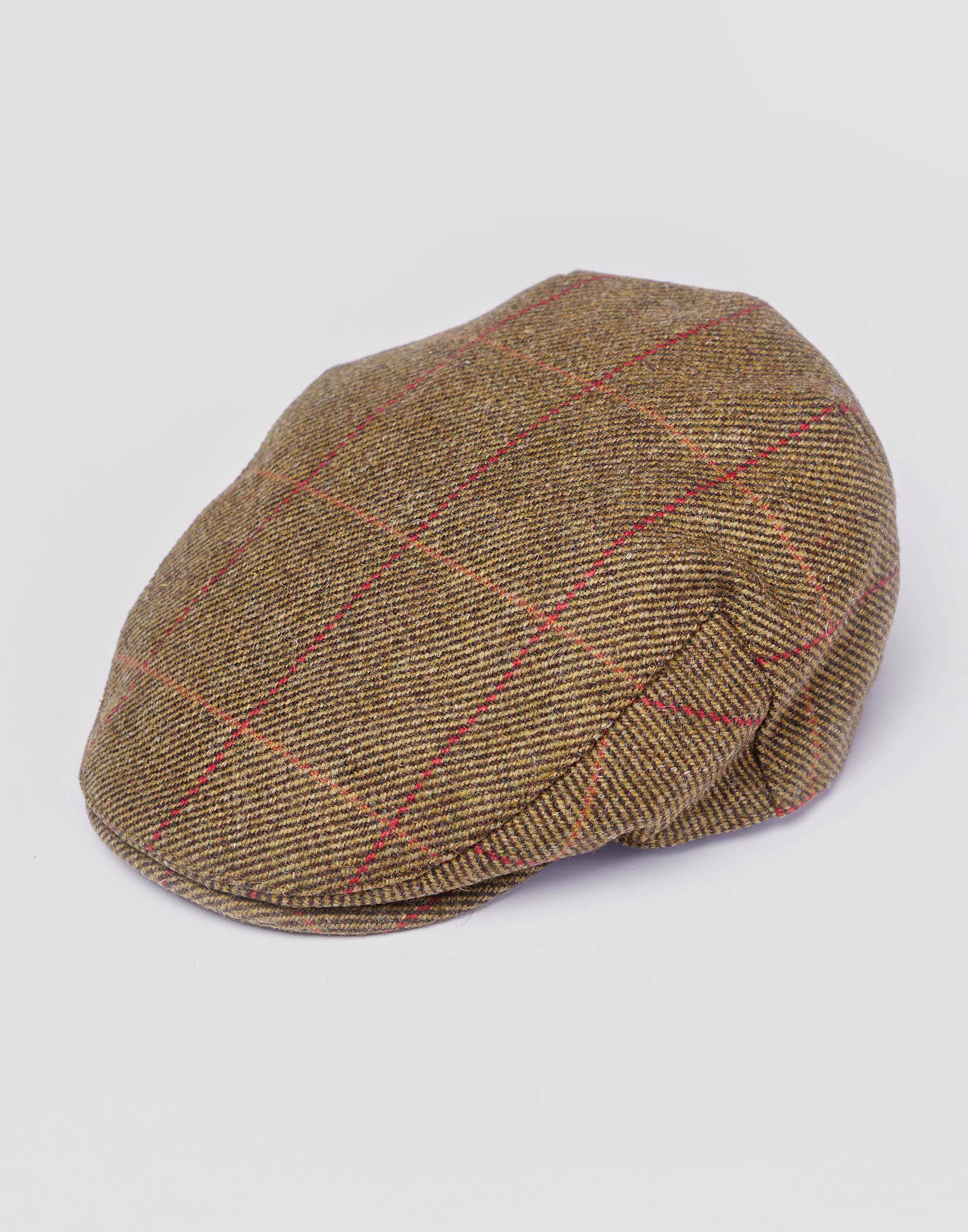 British Tweed Flat Cap - Olive/Red (Waterproof)
